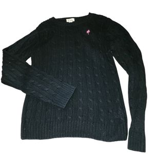 Lilly Pulitzer Small black cable stitch crew neck sweater pink palm tree.
